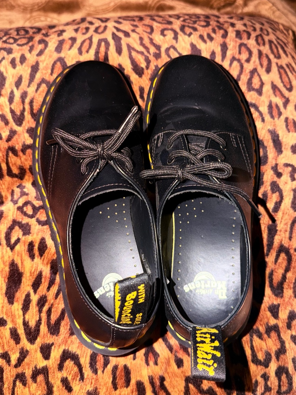 Dr. Martens Black Leather Lace-Up Oxfords with Yellow Stitching
